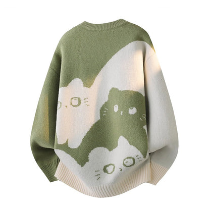 【トップス】カートゥーン猫柄 裏起毛 ニット 秋冬 メンズ レディース 高級感 ユニセックス【FCシリーズ】