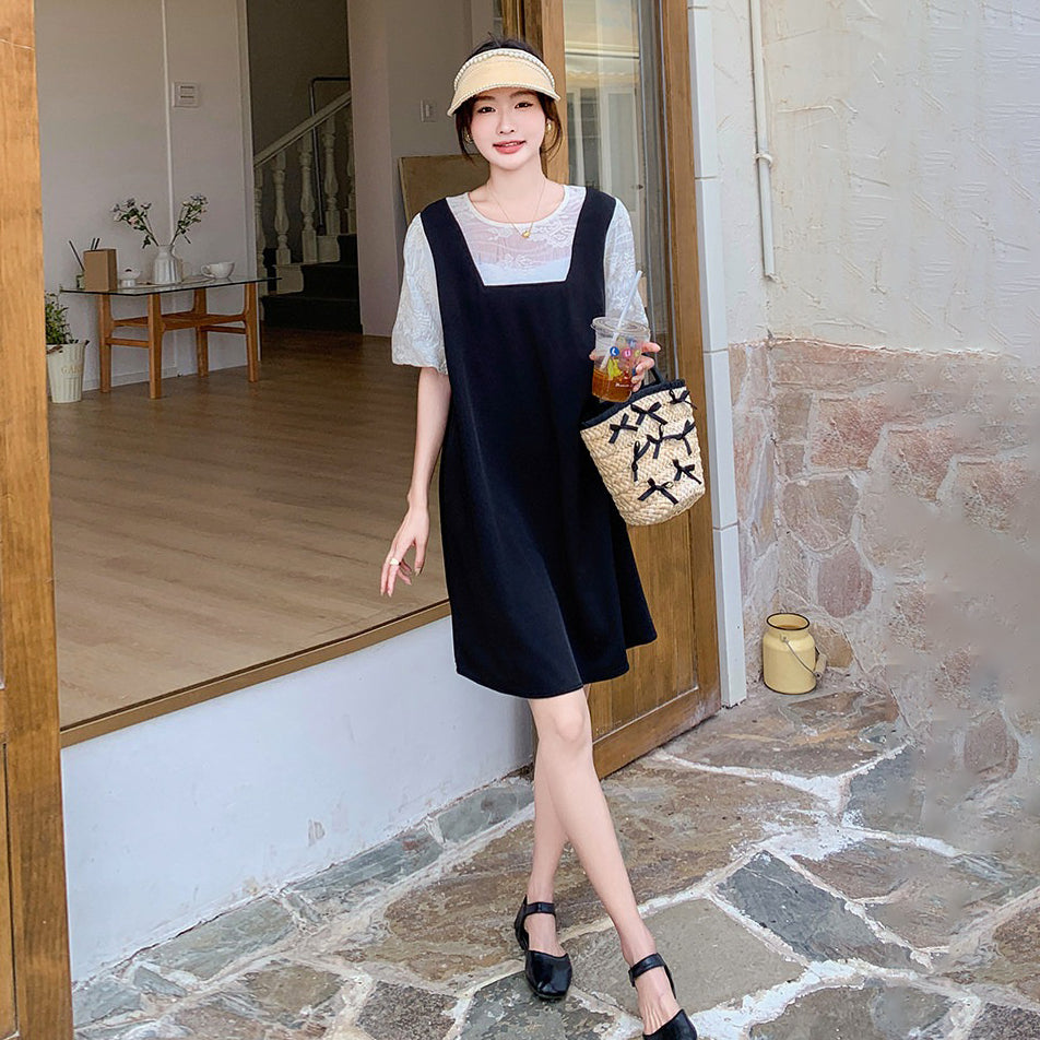 【ワンピース】配色 ワンピース レディース 夏 レイヤード風 半袖 ロングワンピース 細見え リボンデザイン 人気 フレンチ風【JZシリーズ】