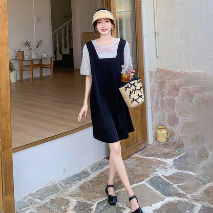 【ワンピース】配色 ワンピース レディース 夏 レイヤード風 半袖 ロングワンピース 細見え リボンデザイン 人気 フレンチ風【JZシリーズ】