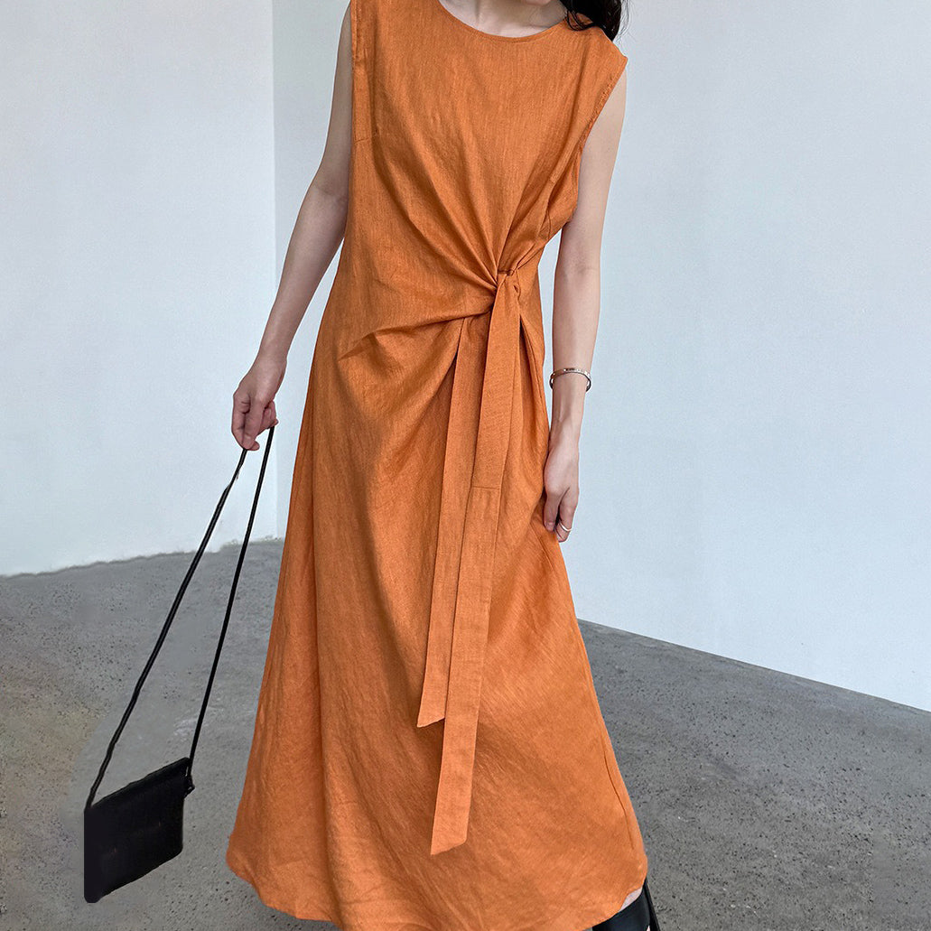 【ワンピース】100%ラミー フレンチエレガンス ノースリーブワンピース  夏 スリム効果【JZシリーズ】