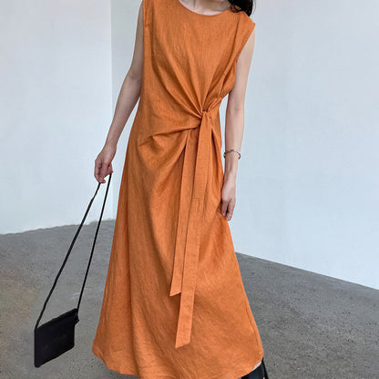 【ワンピース】100%ラミー フレンチエレガンス ノースリーブワンピース  夏 スリム効果【JZシリーズ】