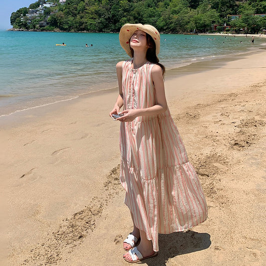 【ワンピース】夏 アート感 都市リゾート風 ピンクストライプ ノースリーブワンピース【SHシリーズ】