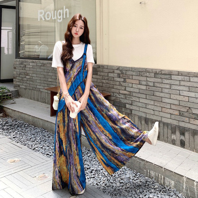 【ボトムス】夏 フレンチバカンス風 タイダイ油絵プリント オールインワン【SHシリーズ】