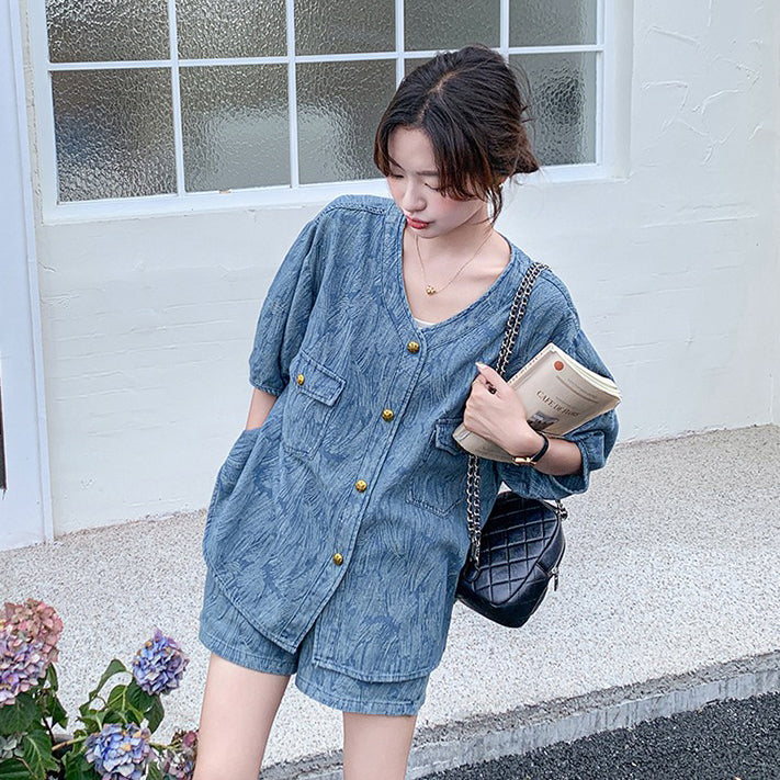 2点セット【セットアップ】ジャカードデニムセットアップ 薄手＆高見え 若見えショートパンツ上下セット【JZシリーズ】【SHシリーズ】