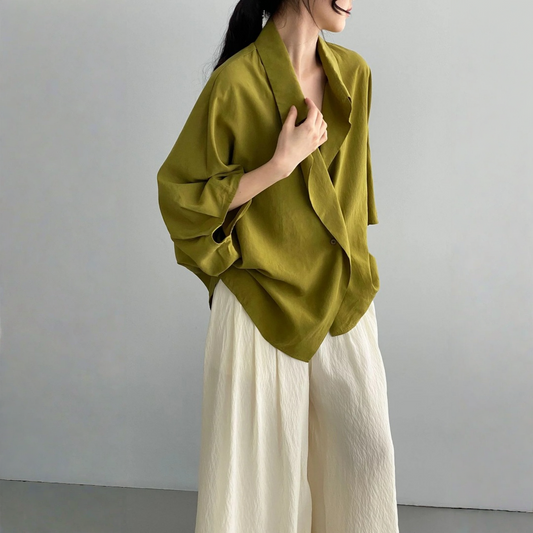 【トップス】アシンメトリー フリル 禅風 ゆったり 長袖 シャツ 【JZシリーズ】