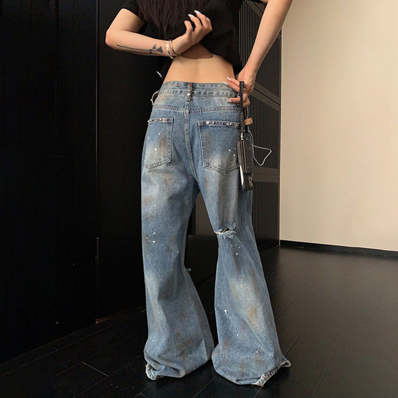 【ボトムス】デニムパンツ レディース ダメージ加工 ストーン装飾 ワイドパンツ ヴィンテージ風 カジュアル【FCシリーズ】