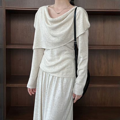 【ワンピース】春 秋 冬 スリムフィット ドレープネック ニット + ショール 2点セットアップ 【JZシリーズ】