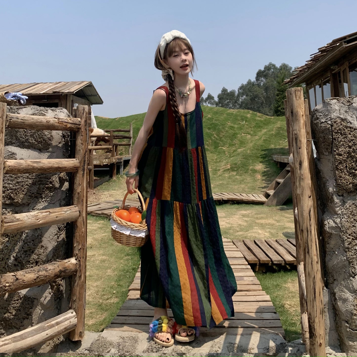【ワンピース】夏新作 カラフルデザイン リラックスフィット ノースリーブキャミソールワンピース【SHシリーズ】