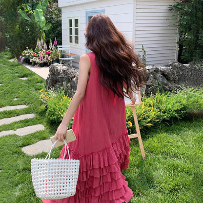 【ワンピース】夏 韓国系 気質 ケーキスカート フィリピンピンク ノースリーブ ワンピース