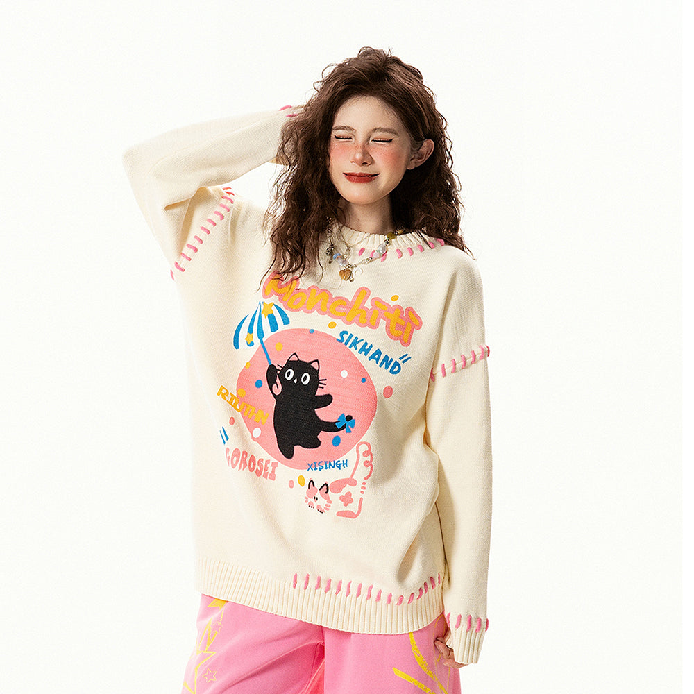 【トップス】アメリカンレトロ 猫モチーフ 猫柄 ネコ クルーネック ニット ルーズ 秋新作【FCシリーズ】