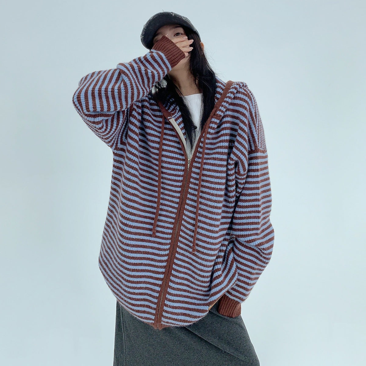 アウター】春 秋 冬 ボーダー 厚手 フード付き ゆる感 ジャケット 【FC 