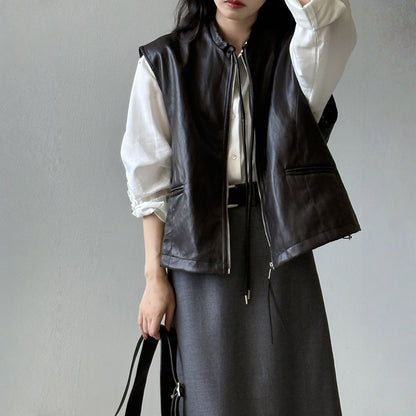 【トップス】春 秋 冬 秋新作 フレンチ デザイン ノースリーブ レザーベスト 【JZシリーズ】