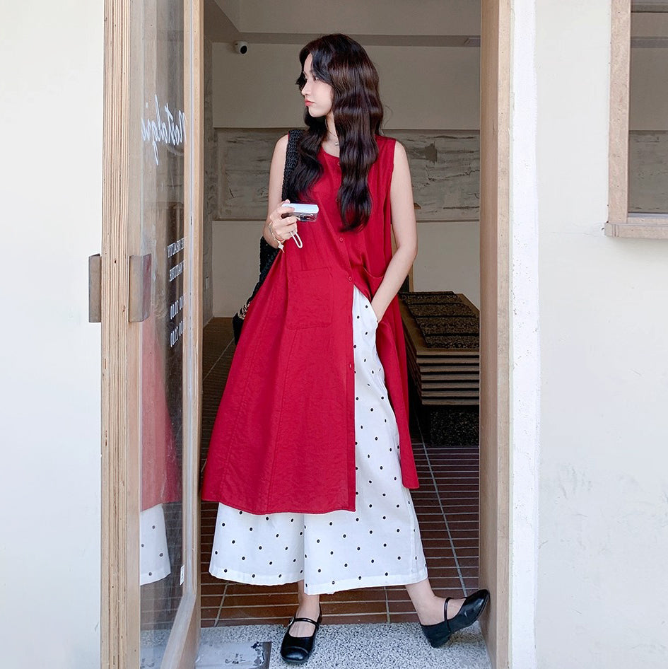 2点セット!【セットアップ】赤ノースリーブロングジレワンピース＋ドットワイドパンツ 上下セットアップ 夏コーデ【JZシリーズ】