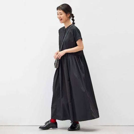 【ワンピース】フレンチ風 レディース ワンピース 夏新作 スリム見え コットンブレンド 半袖 切替プリーツ Aライン ロング丈 【JZシリーズ】