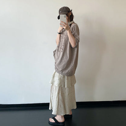 【トップス】ヴィンテージ風 Tシャツ レディース 夏 ミルクティーブラウン 半袖 レタープリント ダメージ加工 ルーズフィット ダークシック 人気【FCシリーズ】
