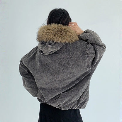 【アウター】春 秋 冬 ウォッシュド コーデュロイ 厚手 フード付き ファーフード 中綿 ジャケット 【FCシリーズ】