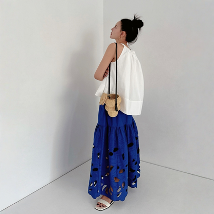 【ボトムス】クラインブルー レーザーカット透かしデザイン 両サイド刺繍 ウエストゴム仕様 スカート 【JZシリーズ】