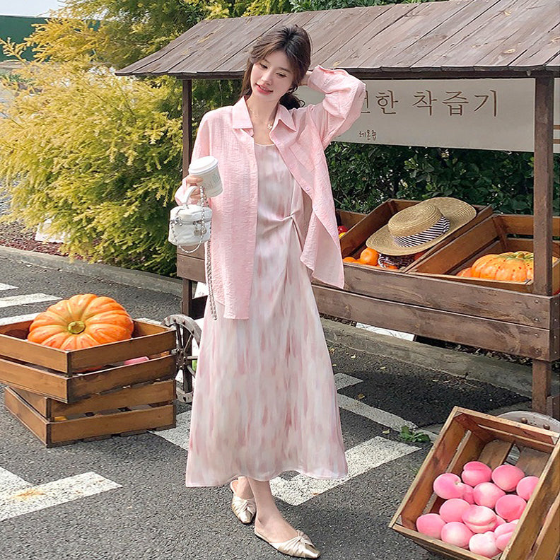 2点セット！【セットアップ】リゾート風 ピンクシャツ＋ノースリーブワンピース セットアップ レディース  優しげ雰囲気 おしゃれ映え【SHシリーズ】
