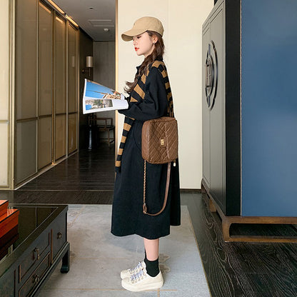 【ワンピース】ヴィンテージ風 ストライプショールワンピース 春秋 Aライン ゆったり 韓国風 長袖ワンピース【JZシリーズ】