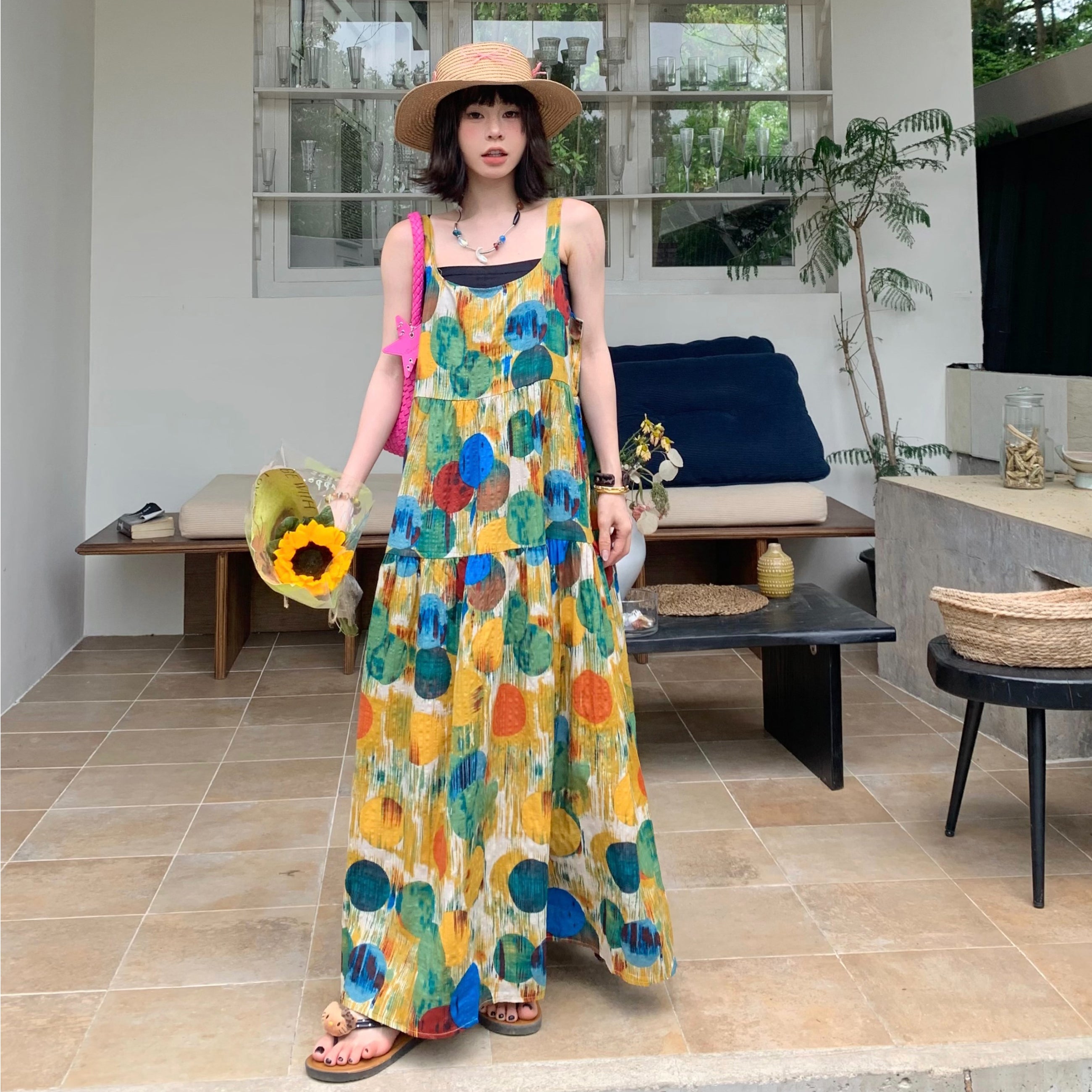 ワンピース】アート油絵風 ゆったりレトロ 着痩せ効果 ノースリーブ