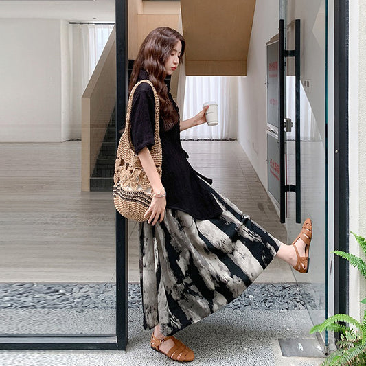 2点セット！【セットアップ】夏 フレンチ風 高級感 トップス＋ヴィンテージ水墨プリントスカート 上下セット【SHシリーズ】