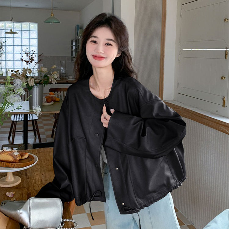 【アウター】デザイン性 ドローストリング裾 レザージャケット ゆったり カジュアル バイカージャケット【JZシリーズ】