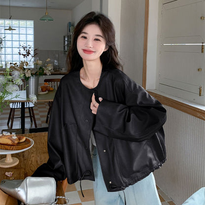 【アウター】デザイン性 ドローストリング裾 レザージャケット ゆったり カジュアル バイカージャケット【JZシリーズ】