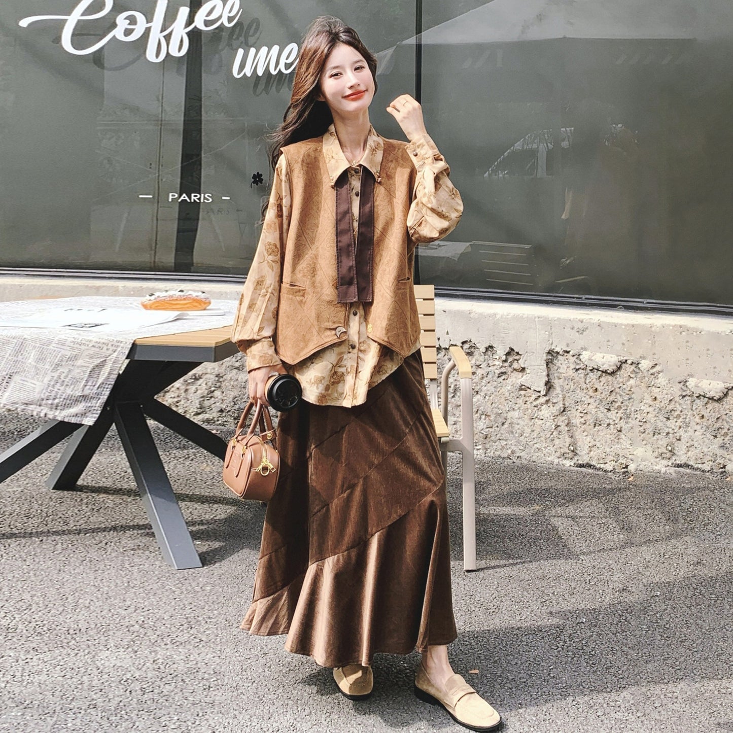 3点セット！【セットアップ 】春新作メラードスエードベスト＋レトロプリントシャツ＋スカート 上下セット 文芸風コーデ【SHシリーズ】