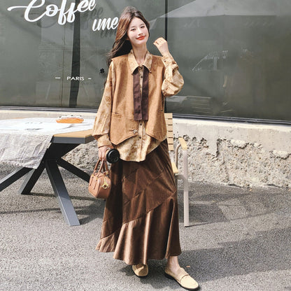 3点セット！【セットアップ 】春新作メラードスエードベスト＋レトロプリントシャツ＋スカート 上下セット 文芸風コーデ【SHシリーズ】