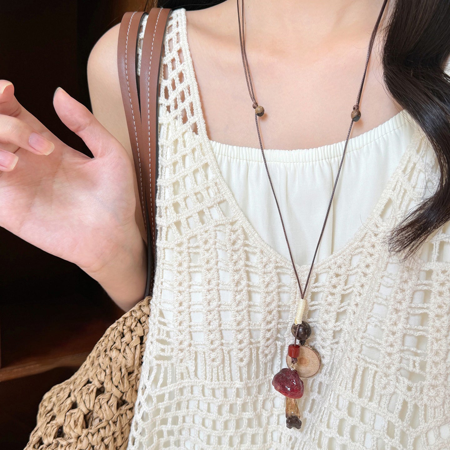 【🎁 B2G1｜先行スタート！】【グッズ】 天然キノコモチーフビーズネックレス レディース 森系 ロング丈 ニットチェーン 個性派 民族風アクセサリー