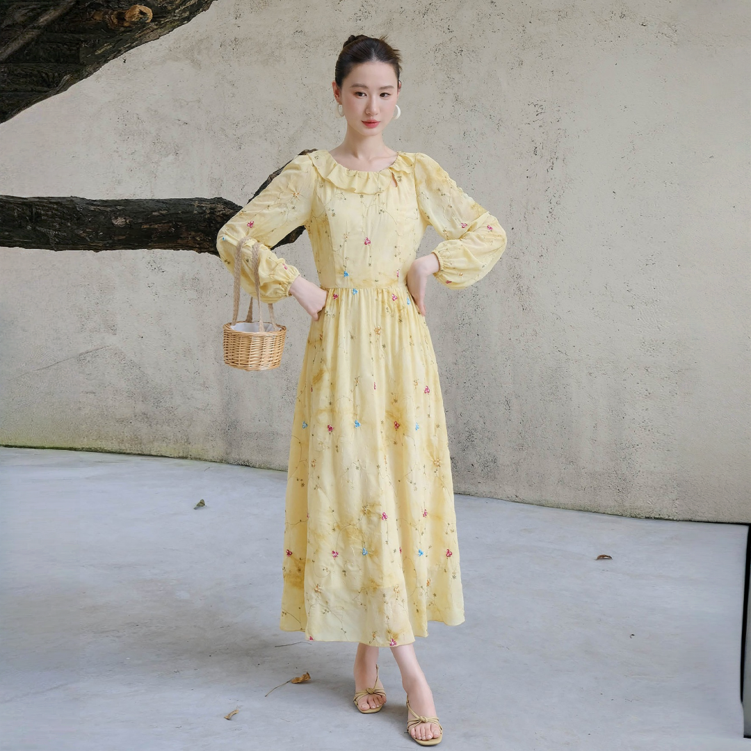 【ワンピース】春 秋 フレンチ風 刺繍入り 長袖 ロング ワンピース 【SHシリーズ】