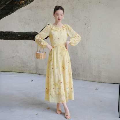 【ワンピース】春 秋 フレンチ風 刺繍入り 長袖 ロング ワンピース 【SHシリーズ】