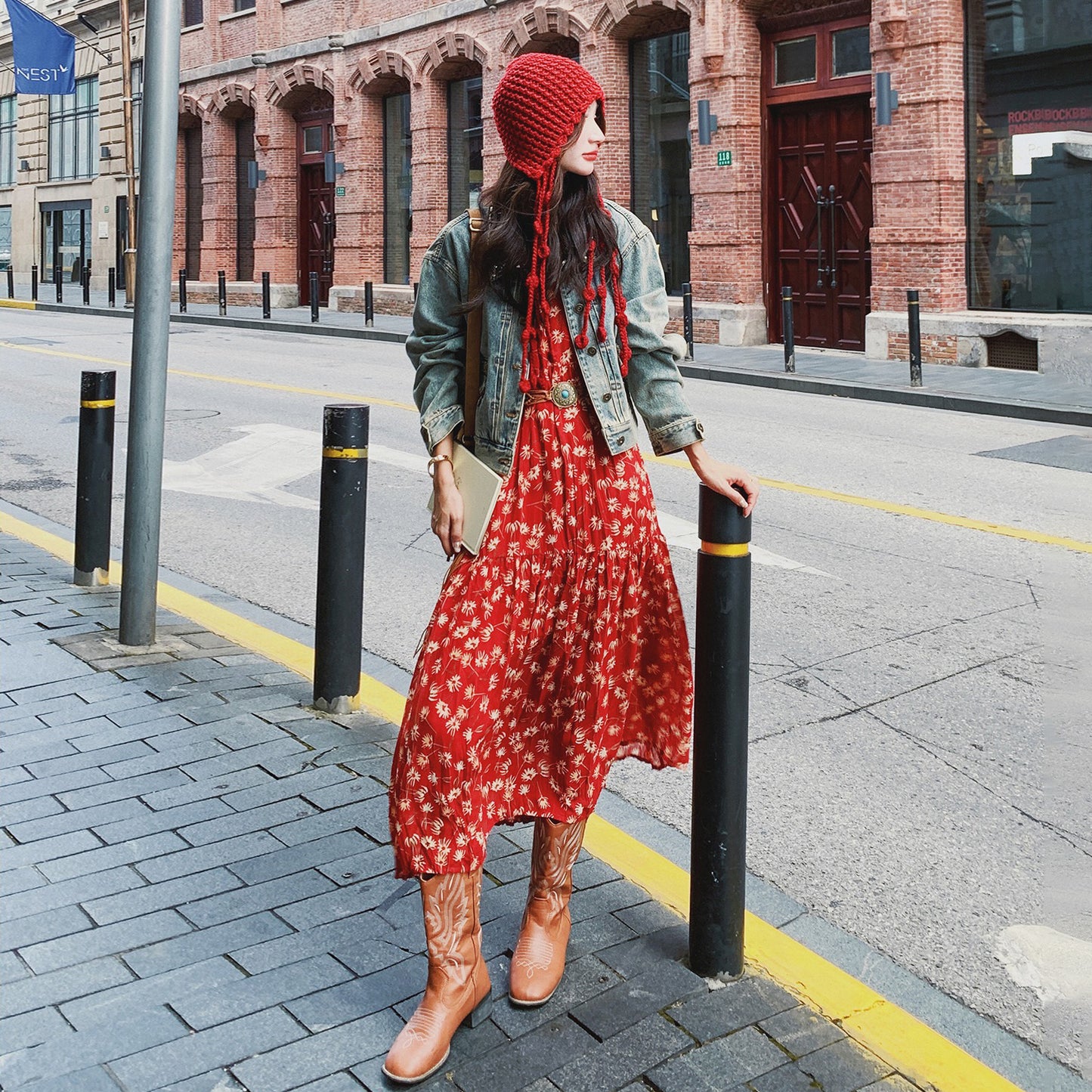 【セットアップ】ボヘミアン風 ウォッシュド加工 デニムジャケット＋ノースリーブワンピース 春秋 フレンチ 花柄 2点セット【SHシリーズ】