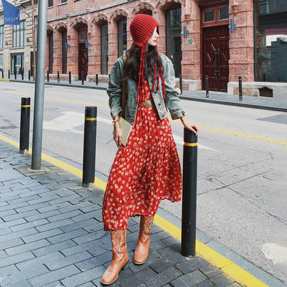 【セットアップ】ボヘミアン風 ウォッシュド加工 デニムジャケット＋ノースリーブワンピース 春秋 フレンチ 花柄 2点セット【SHシリーズ】