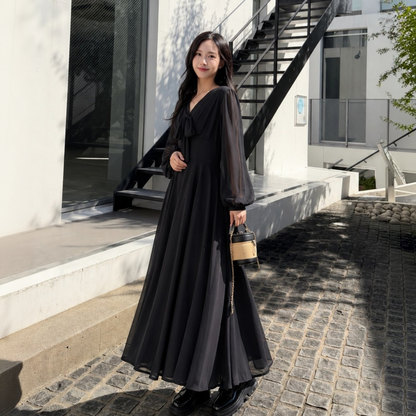 【ワンピース】フレンチ Vネック 着痩せ ロング丈 黒ワンピース 【JZシリーズ】