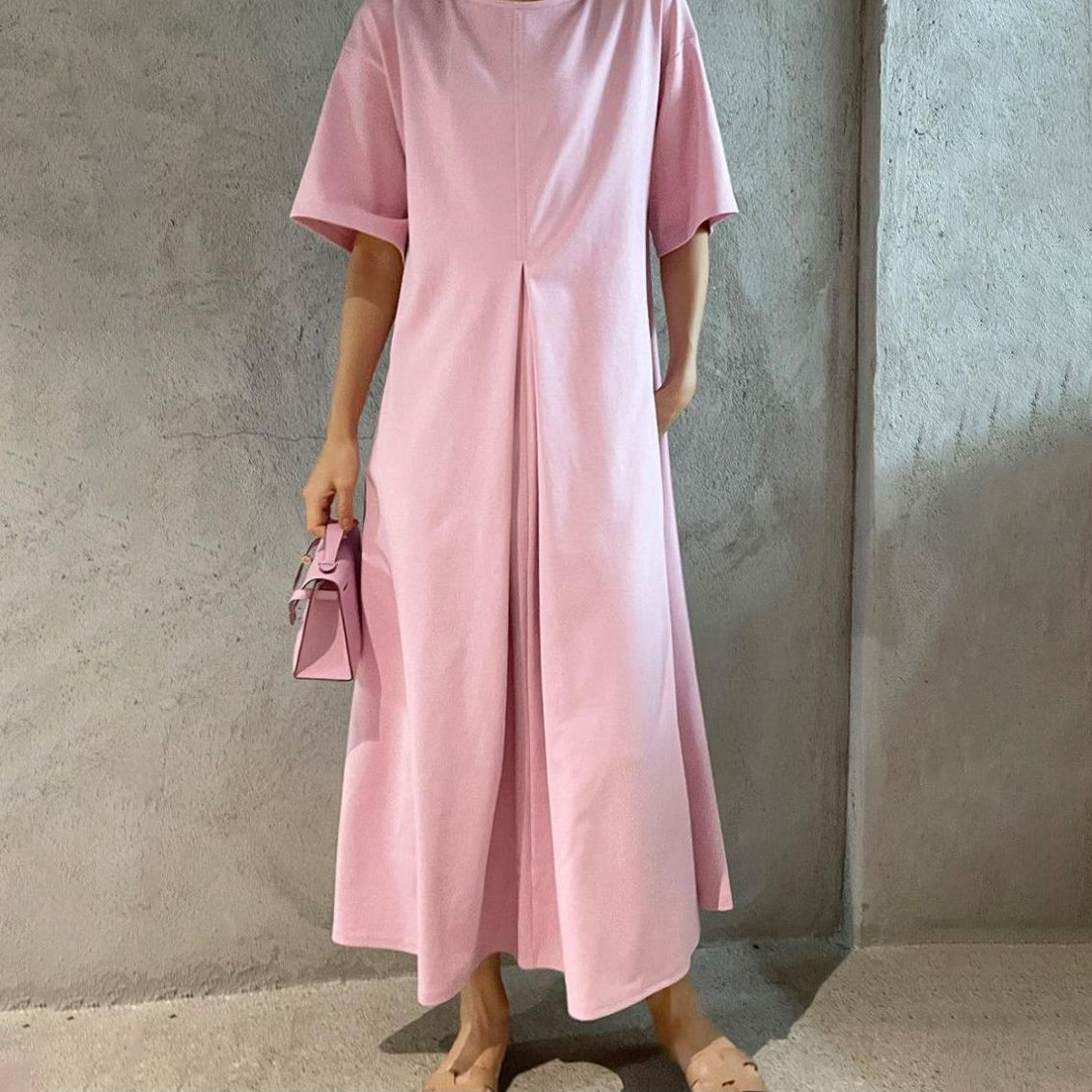 【ワンピース】🌸春夏 新作 韓国風 ラウンドネック 半袖 ワンピース ゆったり ロング丈 スリット入り レディース【JZシリーズ】