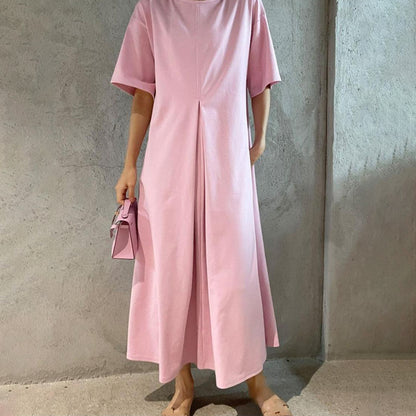 【ワンピース】🌸春夏 新作 韓国風 ラウンドネック 半袖 ワンピース ゆったり ロング丈 スリット入り レディース【JZシリーズ】