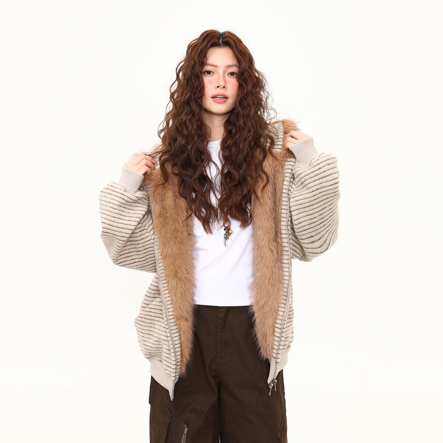 【アウター】秋冬 ヴィンテージボーダーうさ耳フーディ レディース 裏起毛 厚手ファージャケット ユニセックス【FCシリーズ】