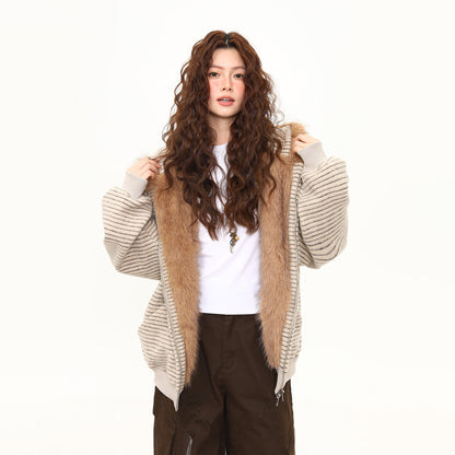 【アウター】秋冬 ヴィンテージボーダーうさ耳フーディ レディース 裏起毛 厚手ファージャケット ユニセックス【FCシリーズ】