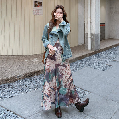 【セットアップ 】レトロデニムジャケット＋花柄キャミワンピースレディース 春秋2025新作 上品ノースリーブワンピース 人気2点セット【SHシリーズ】