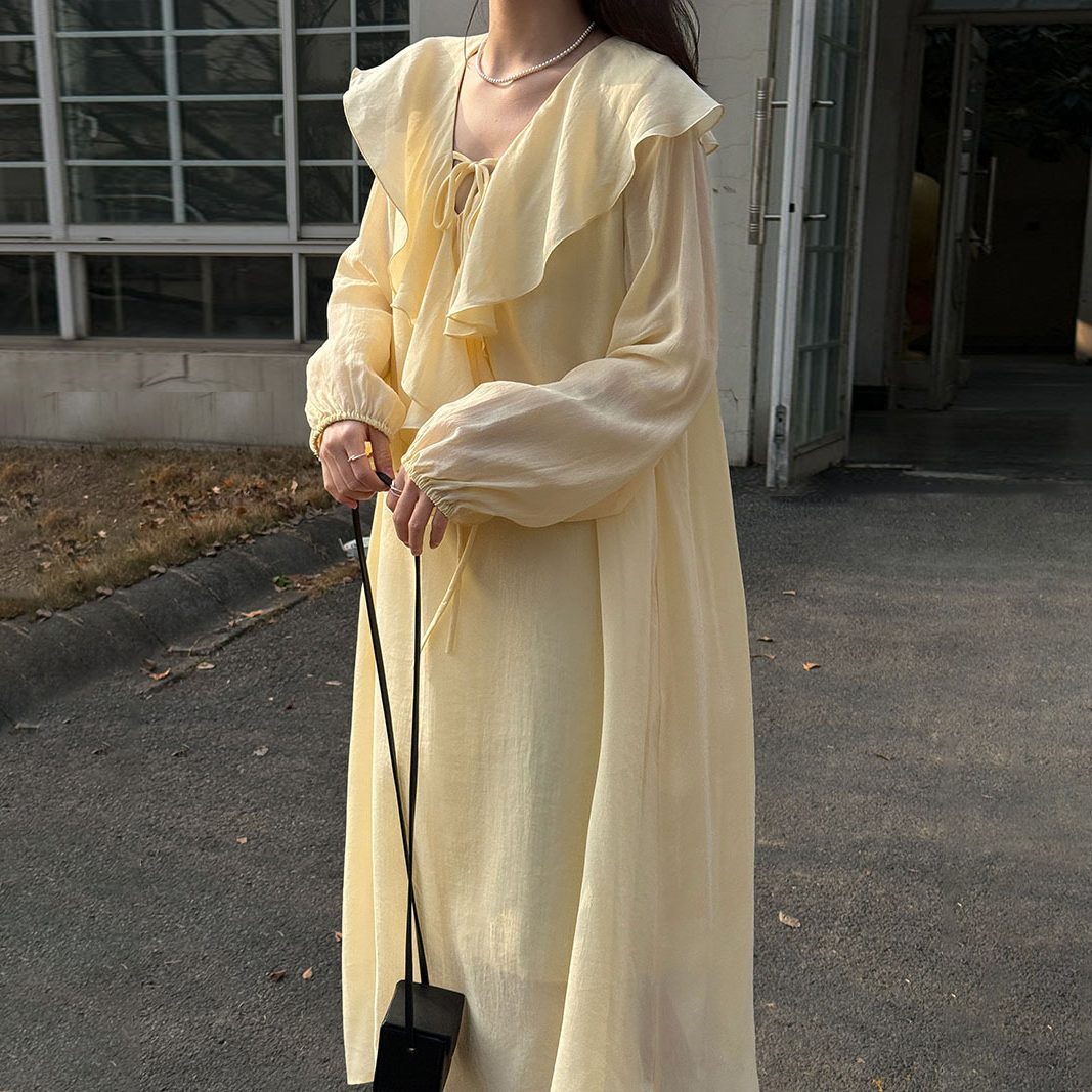 【ワンピース】フレンチシンプル 春新作 レーヨン フリルVネック バルーンスリーブ ラフ感 長袖 ロングワンピース【JZシリーズ】