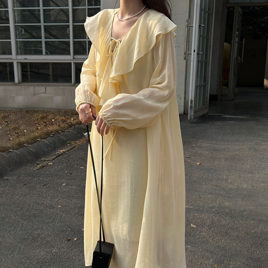 【ワンピース】フレンチシンプル 春新作 レーヨン フリルVネック バルーンスリーブ ラフ感 長袖 ロングワンピース【JZシリーズ】