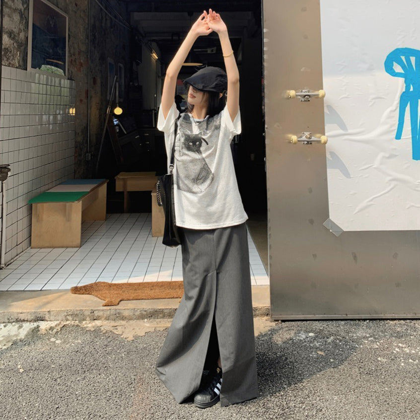 【トップス】Tシャツ レディース キャットプリント 猫柄 クルーネック 半袖 コットン100% オーバーサイズ カジュアル【JZシリーズ】