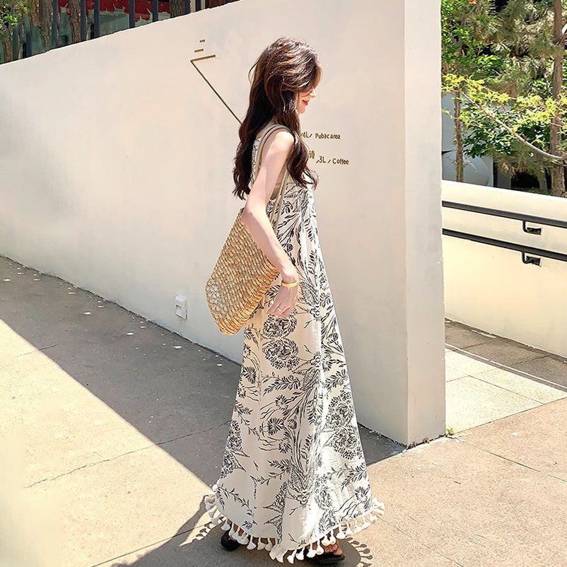 【ワンピース】ヴィンテージ水墨プリント フリンジパッチワーク リゾート風 ノースリーブワンピース【SHシリーズ】