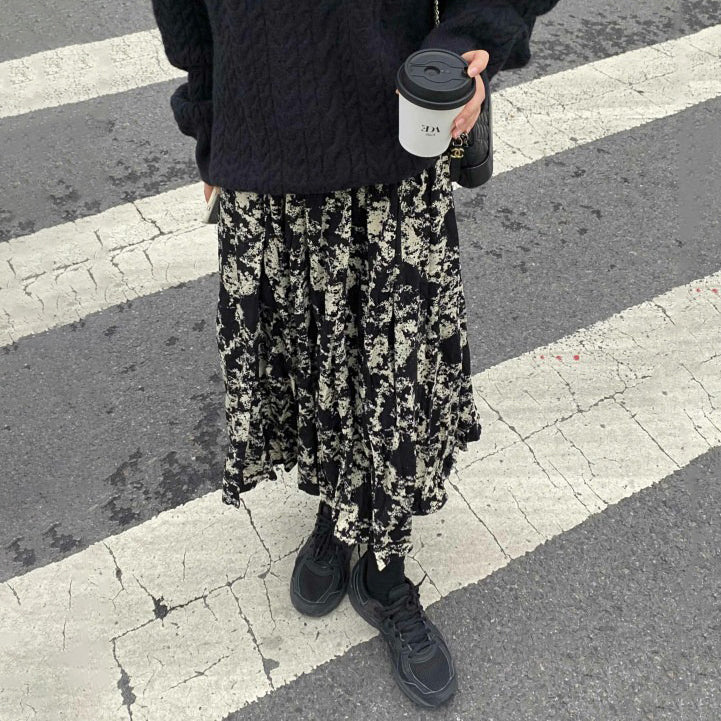 【ボトムス】ブラック花柄 ロングスカート 秋冬 ハイウエスト 体型カバー 小众デザイン【SHシリーズ】