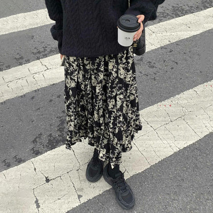 【ボトムス】ブラック花柄 ロングスカート 秋冬 ハイウエスト 体型カバー 小众デザイン【SHシリーズ】