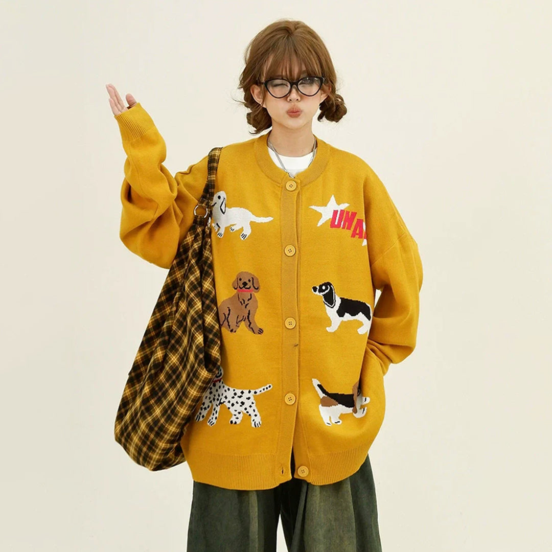 【アウター】韓国風 レトロ 子犬 シングルボタン ゆったり カーディガン【FCシリーズ】