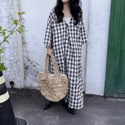 【ワンピース】配色チェック柄 半袖ワンピース｜肌触りの良い ゆったり 体型カバーも叶うロング丈【SHシリーズ】