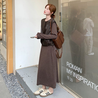 2点セット！【セットアップ】マラード風 おしゃれ レザーベスト＋ストライプワンピース セットアップ  春秋 韓国風 学院風【JZシリーズ】