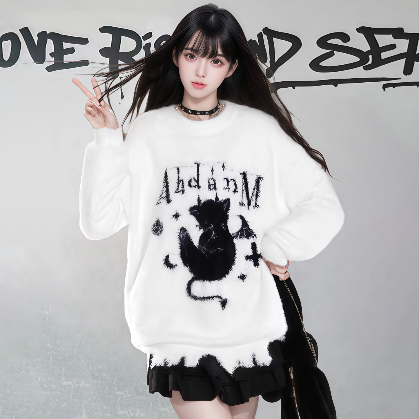 【トップス】ダメージ加工 猫モチーフ ニットセーター レディース 秋冬 ゆったり ルーズ カジュアル【FCシリーズ】